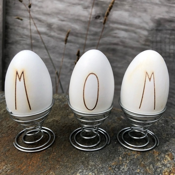 “mom” Farmhouse Wood Egg with Stand Decor Set - Picture 1 of 8
